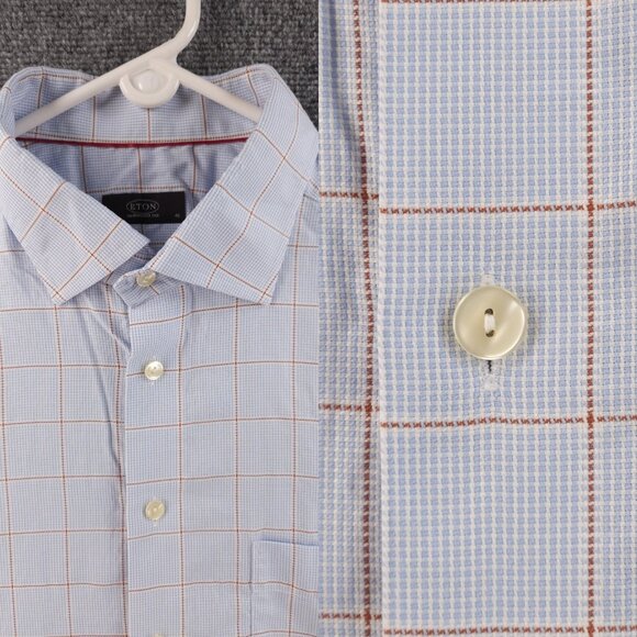 Eton Blue Orange Check 18 Button Up Convertible Cuff Pocket Long Sleeve Shirt - Picture 1 of 16